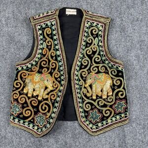 Carol Horn Workshop Vest Women Large Black Gold Elephant Embroidered Vintage